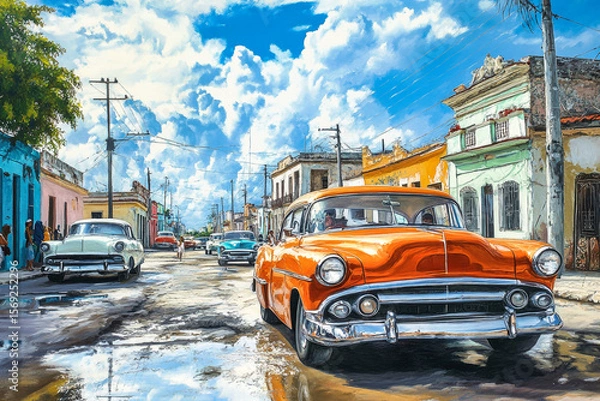 Fototapeta Vibrant Cuban cityscape featuring retro cars glistening under a bright sky with rustic architecture