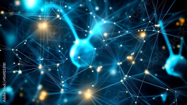 Fototapeta A highly detailed 3D illustration of a neuron cell with vibrant shades of pink and orange against a blurred background.	