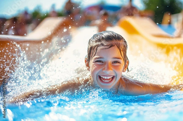 Fototapeta Laughing children and adults enjoy a thrilling summer day at the amusement park water slide