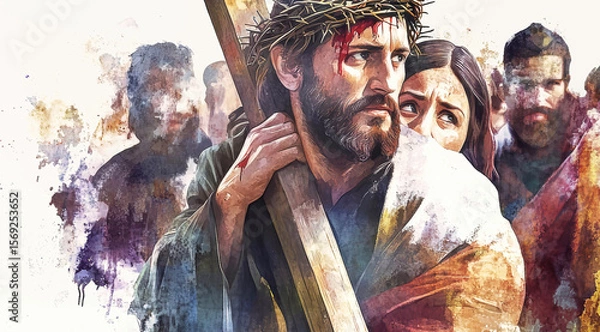 Fototapeta Jesus carries the cross with Mary reaching out in a moment of sorrow and compassion
