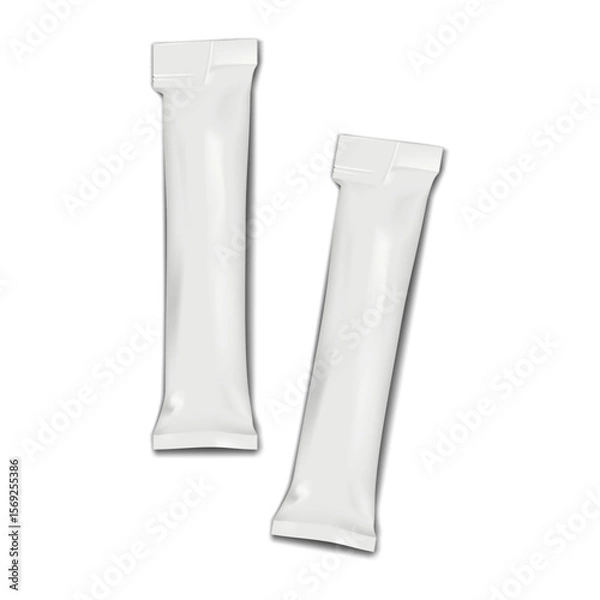 Fototapeta Blank white tear notch stick pack plastic bag. Realistic mockup. Easy open grooved long sachet pouch packet. Vector mock-up. Food, medical product single dose individual package. Template for design