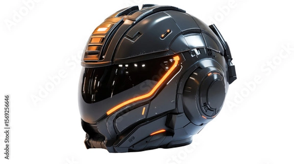Obraz Futuristic sci-fi combat helmet with visor and LED lights, detailed render Transparent background, PNG