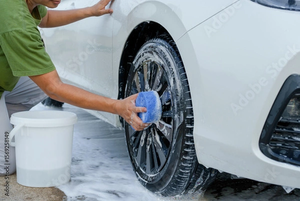 Fototapeta A smiling man is washing his car with soapy water under bright sunlight, showing his enthusiasm and joy in his daily work.