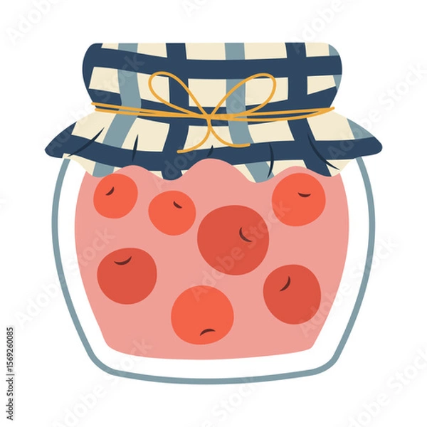 Fototapeta Isolated flat vector illustration of hand drawn jar of cherry jam with craft cover on white background. Cottagecore lifestyle. Healthy food