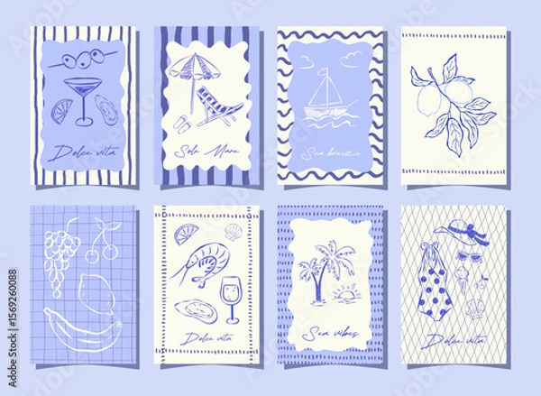 Fototapeta Collection celebration summer cards with elements on the theme of relaxation and the sea in italian sketch style. Mediterranean lifestyle. Perfect for poster, cover, label. Flat vector illustration.