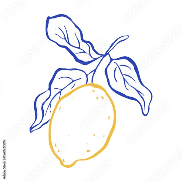 Fototapeta Flat vector illustration of single lemon with three leaves. Freehand outline style. Citrus tropical fruits. Perfect for print, logo