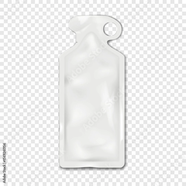 Fototapeta Bottle shape tear notch sachet pouch with hang hole. Realistic vector mock-up. Blank white hanging plastic bag. 3d mockup. Liquid product single dose individual package. Template for design