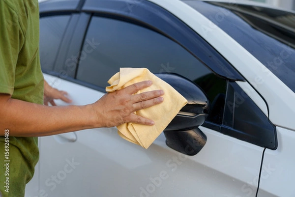 Fototapeta A smiling man is washing his car with soapy water under bright sunlight, showing his enthusiasm and joy in his daily work.