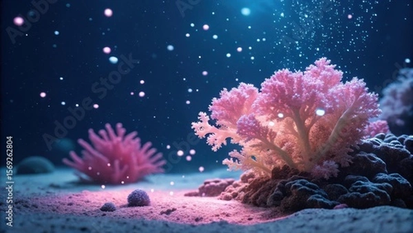 Fototapeta Vibrant pink coral formations bloom beneath the shimmering surface of a tranquil ocean abyss illuminated by ethereal light