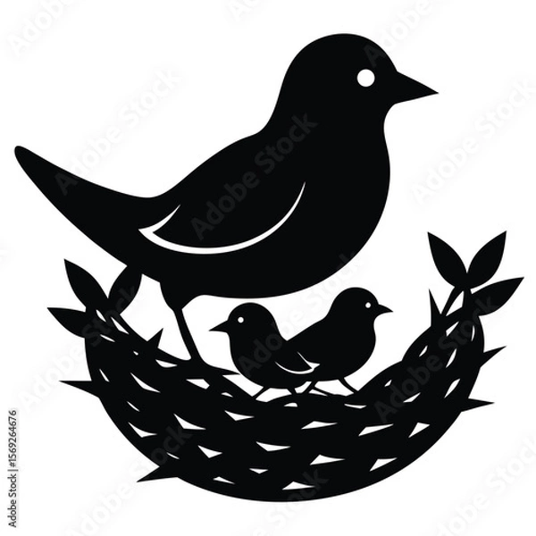 Fototapeta Bird Nest Silhouette with Mother and Chicks