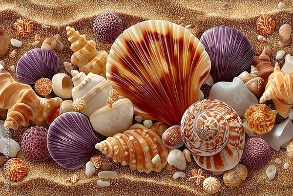 Fototapeta Brown seashells on white sand texture high resolution picture