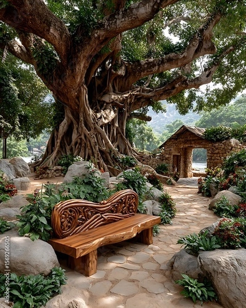Fototapeta Carved wooden seat in jungle garden high resolution picture