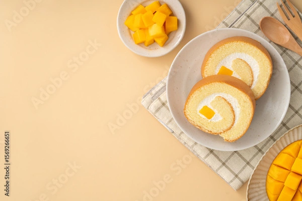 Fototapeta Delicious mango cream Swiss roll cake on plate