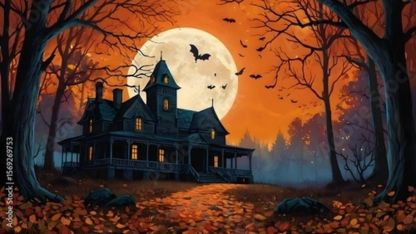 Fototapeta An illustration of a charmingly spooky haunted house situated in a forest clearing during peak autumn. The full moon provides a bright, cool backlight.