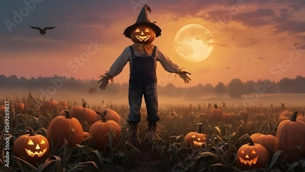 Fototapeta A digital illustration of a friendly scarecrow with a cheerfully glowing jack-o'-lantern head, standing in a misty cornfield. The dusk sky is a beautiful gradient of soft orange, casting a warm.