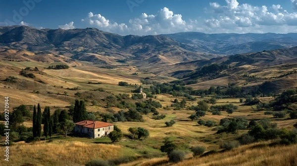 Fototapeta Italian Hillside Farmhouse with Tuscany Landscape, and Rural Scenery.