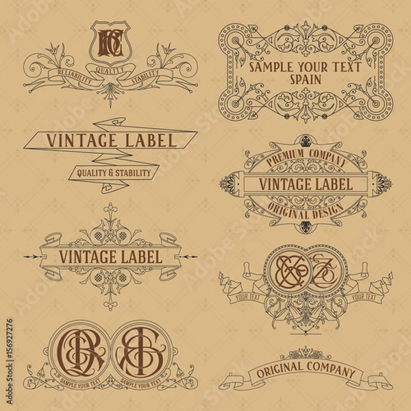 Fototapeta Old vintage floral elements - ribbons, monograms, stripes, lines, angles,border, frame,label, logo - vectors