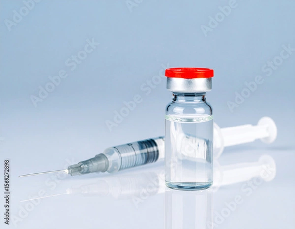 Fototapeta A vial of clear liquid medicine stands next to a syringe on a reflective surface.