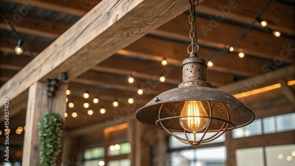 Fototapeta Rustic Metal Pendant Light with Glowing Bulb and Soft Bokeh in Background
