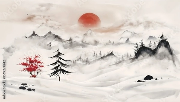 Obraz Minimalist Chinese Ink Painting Of Tranquil Winter Landscape