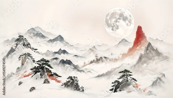 Obraz Tranquil Winter Landscape In Minimalist Chinese Ink Style