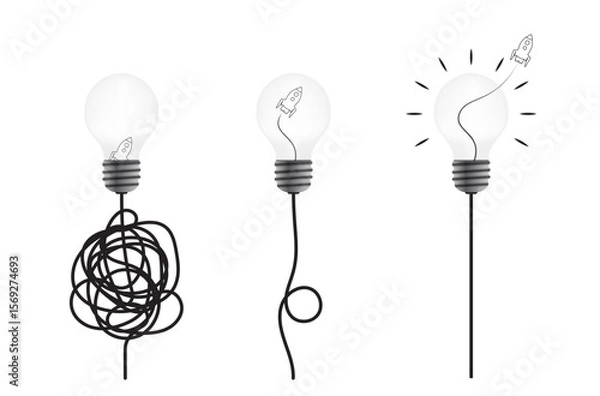 Fototapeta Lightbulb set with cable knot, rocket spaceship. Idea, problem solving, complex business process resolving concept vector design with 3d lightbulb, wire, spacecraft.
