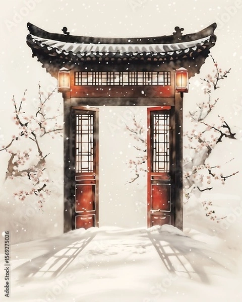 Obraz Minimalist Chinese Winter Solstice Scene With Lantern Gate