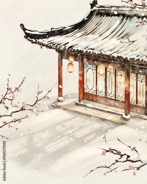 Obraz Minimalist Winter Solstice Illustration of a Snowy East Asian Building
