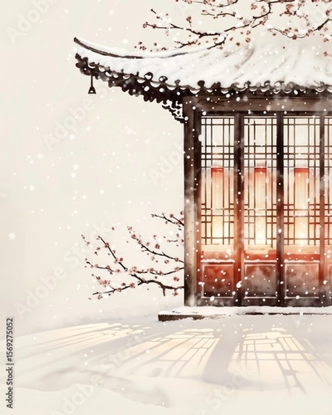 Obraz Minimalist Winter Scene Of Traditional Chinese Building