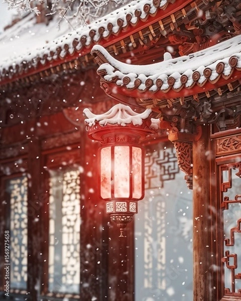 Obraz Elegant Lantern Illuminating Snowy Palace Scene at Dongzhi Festival