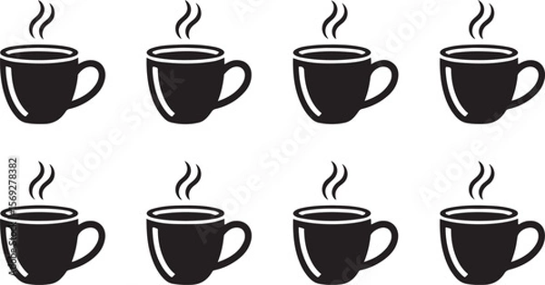 Fototapeta Eight steaming coffee cups illustration perfect for cafe menus, websites or mugs