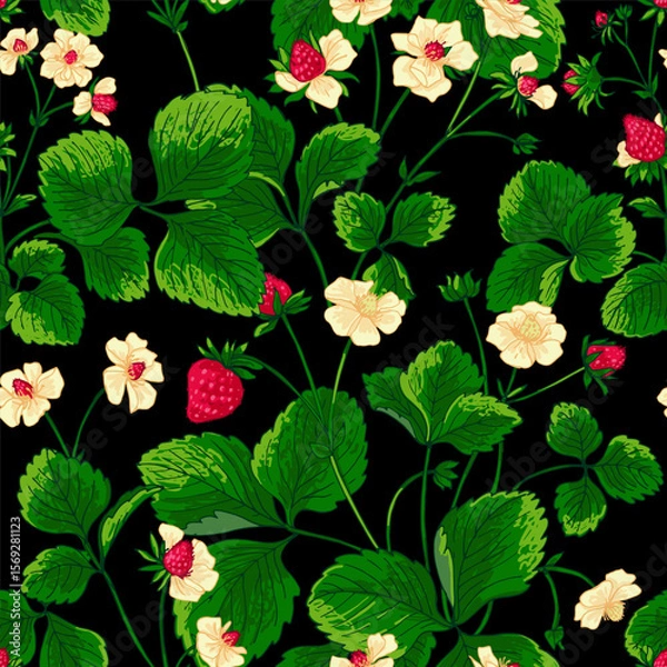 Obraz Pattern vector Strawberry berries color line. Summer flowers and berries. Harvest, farm products.