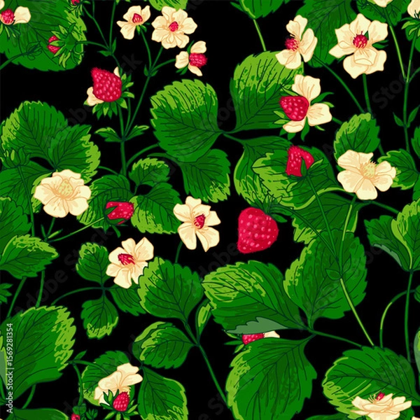 Obraz Pattern vector Strawberry berries color line. Summer flowers and berries. Harvest, farm products.