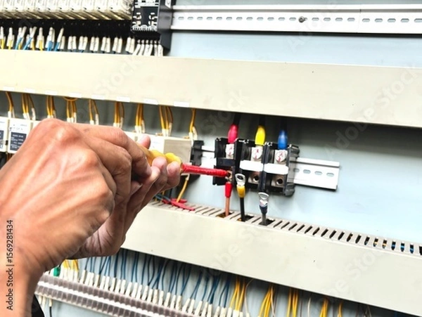 Obraz Electrician hands using insulated screwdriver to adjust circuit in industrial control panel. High voltage maintenance and electrical engineering concept in fact