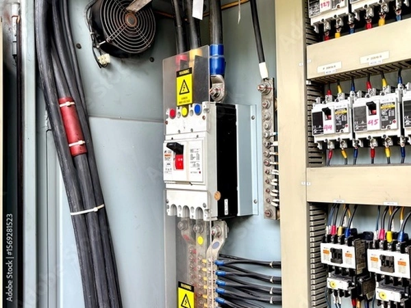 Obraz Main industrial circuit breaker and control wiring in a high-voltage electric panel. Critical electrical system for managing energy distribution in a factory.