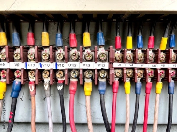 Obraz Close-up of color-coded electrical wiring and terminal blocks in an industrial control cabinet. Organized connections for high-power equipment in manufacturing operations.