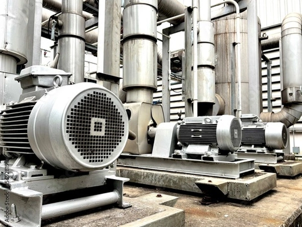 Obraz  Industrial electric motor pumps installed outdoors with connected pipelines and valves, used in cooling systems, HVAC, and fluid transfer operations in factories or energy plant