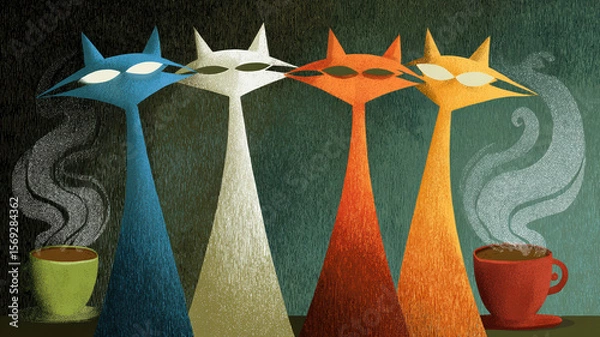 Fototapeta Four stylized cats with long necks and closed eyes — blue, white, and orange — near a steaming green cup on a red saucer, spiral steam, dark green-black background.
