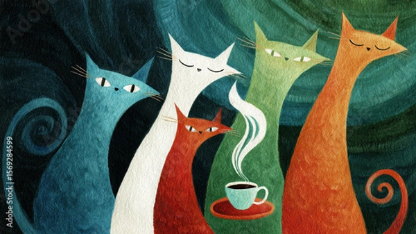 Fototapeta Four stylized cats with long necks and closed eyes — blue, white, and orange — near a steaming green cup on a red saucer, spiral steam, dark green-black background.
