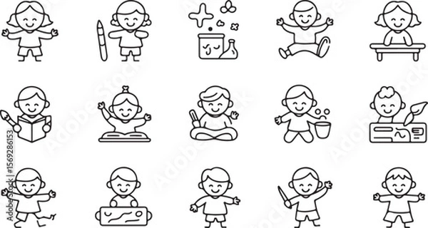Fototapeta Baby and Childhood - Thin line vector icon set. Pixel perfect. Editable stroke. For Mobile and Web. The set contains icons: Baby - Human Age, Baby Girls, Teddy Bear, Diaper, Child, Sleeping, Child, Ch