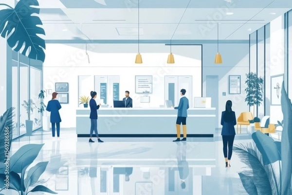 Fototapeta Business interaction scene modern office reception digital illustration bright environment professional viewpoint