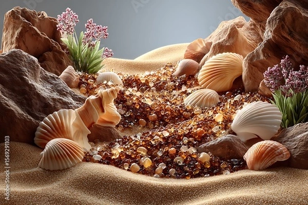 Fototapeta Crystal and seashells forming beach art high resolution picture