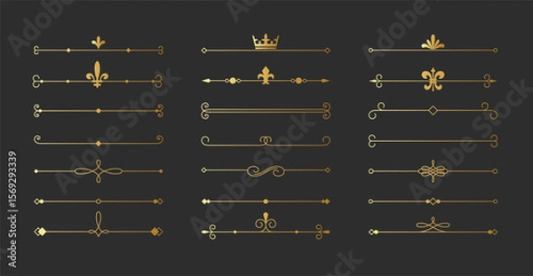 Fototapeta Elegant gold fine line dividers with vintage ornaments. Set of classic and minimalist flourishes. Vector border designs for premium labels, packaging and wedding invites.