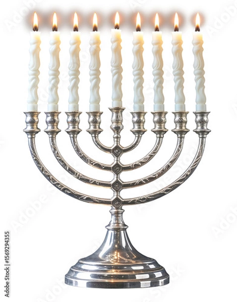 Obraz Silver Hanukkah menorah, a nine-branched candelabrum lit during the eight-day Jewish holiday of Hanukkah. Cutout image on a transparent background.