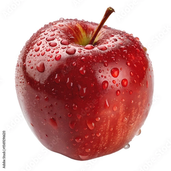 Fototapeta Red apple with water droplets, fresh and juicy fruit isolated on white background.