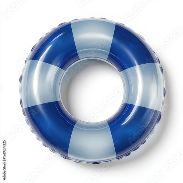 Fototapeta Blue and white striped inflatable swimming ring isolated on crisp white background