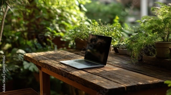 Fototapeta Modern laptop sits on rustic wooden table surrounded by lush green garden foliage