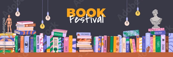 Obraz Book festival or fair horizontal banner for advertising and promotion. Piles and stacks of various books, hanging lights. Vector template for web design, World Book Day or Back to School concepts.