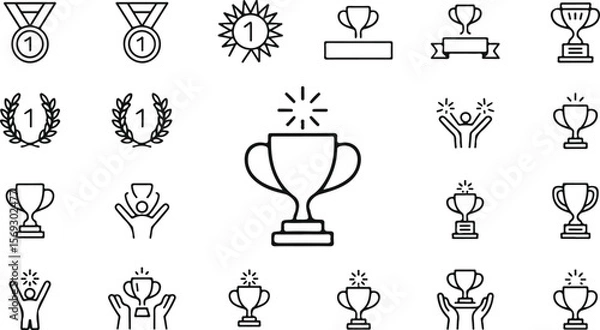 Fototapeta Success Line Icons. Editable Stroke. Pixel Perfect. For Mobile and Web.Victory, achievement line icon set. Vector pictograms of trophy, first place medal, celebration, laurel wreath, crown, and winner