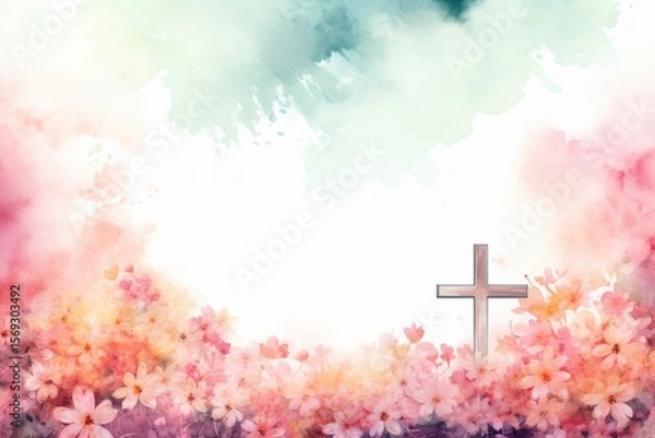 Fototapeta Wooden cross rising among pink flowers with a colorful watercolor background representing faith, hope, and resurrection